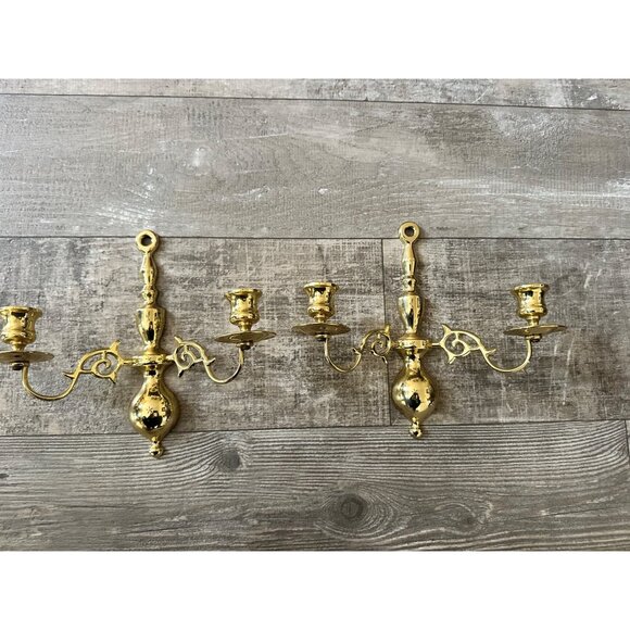 Vintage Solid Brass Double Arm Wall Sconce Candle Holders Ornate Design Set Of 2 - Picture 3 of 12